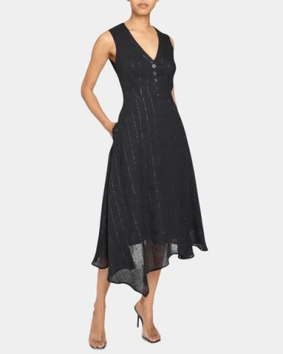 Santorelli Nia Sleeveless Midi Dress With Asymmetric Hemline And Button Details In Metallic Striped Linen In Black