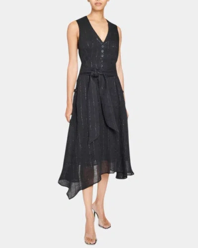 Santorelli Nia Sleeveless Midi Dress With Asymmetric Hemline And Button Details In Metallic Striped Linen In Black