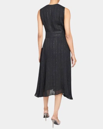 Santorelli Nia Sleeveless Midi Dress With Asymmetric Hemline And Button Details In Metallic Striped Linen In Black