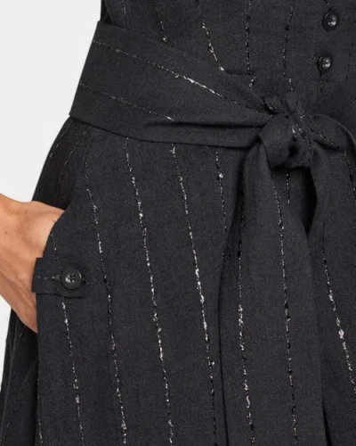 Santorelli Nia Sleeveless Midi Dress With Asymmetric Hemline And Button Details In Metallic Striped Linen In Black