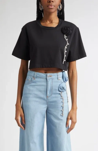 Area Crystal Rosette Cropped T-shirt In Black