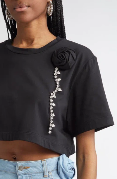 Area Crystal Rosette Cropped T-shirt In Black