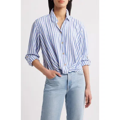 Beachlunchlounge Vivica Stripe Twist Hem Button-up Shirt In Dynamic Blue