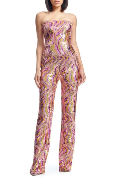 Dress The Population Andy Sequin Strapless Jumpsuit In Bright Fuchsia Multi