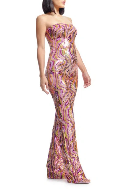 Dress The Population Andy Sequin Strapless Jumpsuit In Bright Fuchsia Multi