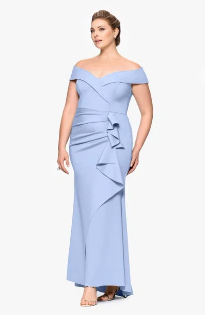 Xscape Evenings Ruffle Off The Shoulder Scuba Gown In Periwinkle