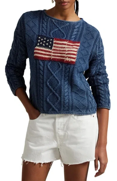 Polo Ralph Lauren Flag Pointelle Cotton-linen Sweater In Blue