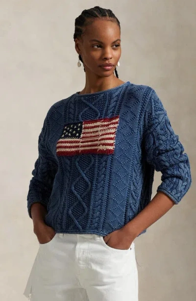 Polo Ralph Lauren Flag Pointelle Cotton-linen Sweater In Blue