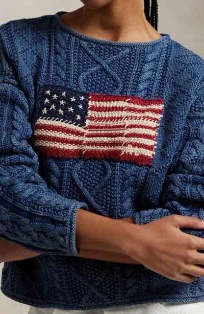 Polo Ralph Lauren Flag Pointelle Cotton-linen Sweater In Blue