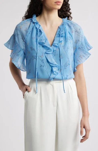Kobi Halperin Plissé Ruffle Print Top In Horizon Multi