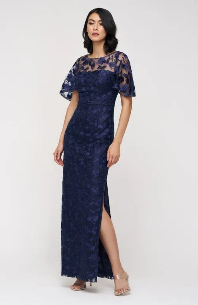 Js Collections Daphne Embroidered Sequin Column Gown In Navy
