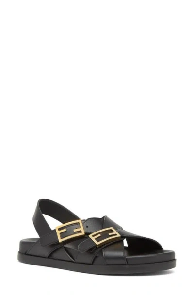 Fendi Women Black Singback Sandals With Ff Buckle Closure And Criss-crossed Straps In Leather Woman