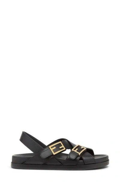 Fendi Women Black Singback Sandals With Ff Buckle Closure And Criss-crossed Straps In Leather Woman
