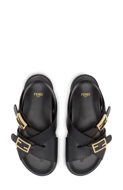 Fendi Women Black Singback Sandals With Ff Buckle Closure And Criss-crossed Straps In Leather Woman