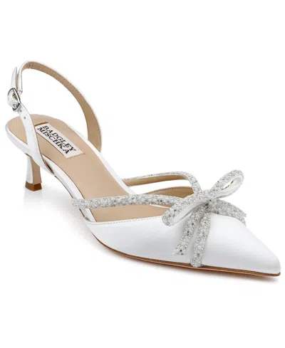 Badgley Mischka Angelina Silk Shimmer Bow Slingback Pumps In White Satin