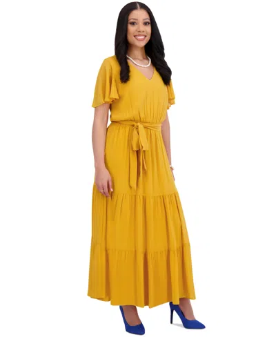 Kasper Women's V-neck Flutter-sleeve Maxi Dress, Regular & Plus Sizes In Gold Signature