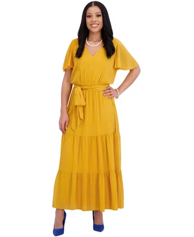 Kasper Women's V-neck Flutter-sleeve Maxi Dress, Regular & Plus Sizes In Gold Signature