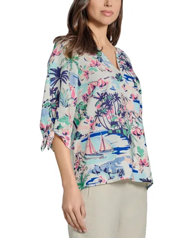 Jones New York Beach Print Tie Sleeve Linen Blend Top In Blue