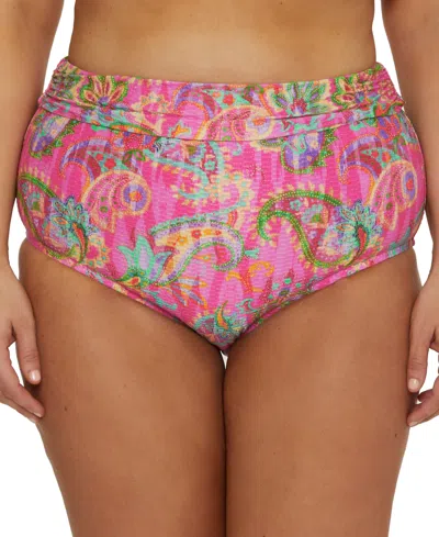 Becca Etc Plus Size Polynesia Wide-band Roll High-waist Bikini Bottoms In Pink