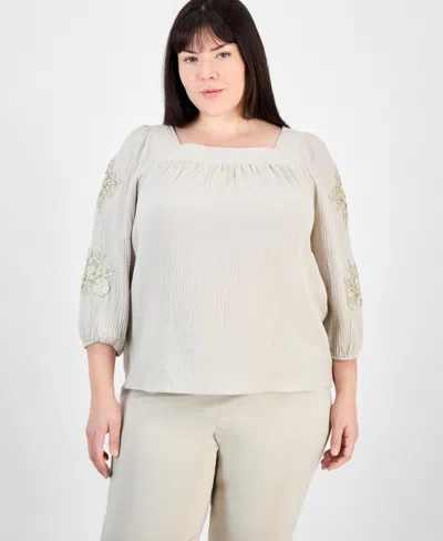 Jm Collection Plus Size Cotton Square-neck Floral-applique Top, Exclusively At Macy's In Stonewall