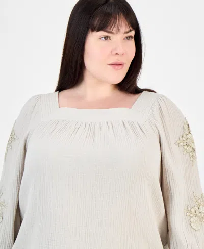 Jm Collection Plus Size Cotton Square-neck Floral-applique Top, Exclusively At Macy's In Stonewall