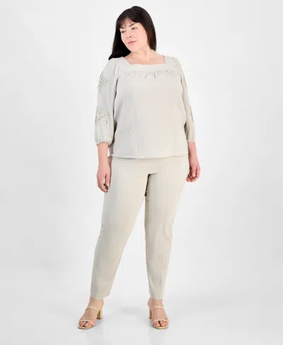Jm Collection Plus Size Cotton Square-neck Floral-applique Top, Exclusively At Macy's In Stonewall