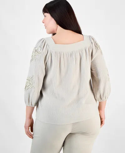 Jm Collection Plus Size Cotton Square-neck Floral-applique Top, Exclusively At Macy's In Stonewall