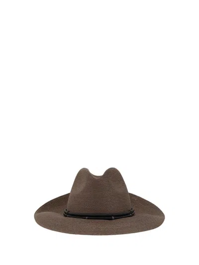 Brunello Cucinelli Women Fedora Made Of Hemp And Techno Cotton With Leather Band And Necklace In Brown