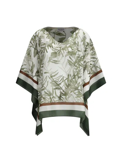 Brunello Cucinelli Green Herbarium Print Pongée Top With Monili In Multicolour