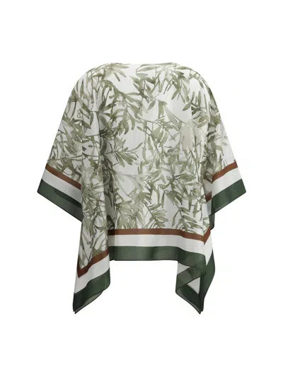 Brunello Cucinelli Green Herbarium Print Pongée Top With Monili In Multicolour