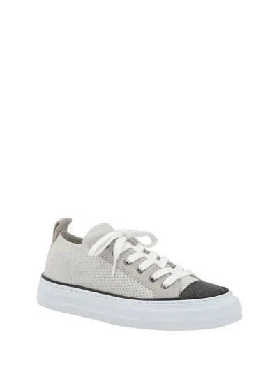 Brunello Cucinelli Low Top Sneaker With Tab On The Heel In Cotton Knit In White