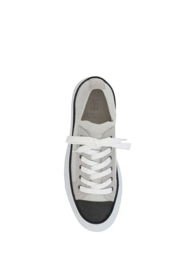 Brunello Cucinelli Low Top Sneaker With Tab On The Heel In Cotton Knit In White