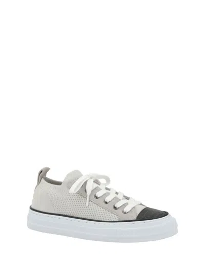 Brunello Cucinelli Low Top Sneaker With Tab On The Heel In Cotton Knit In White