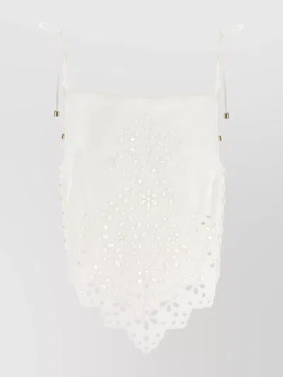 Self-portrait White Top With Asymmetric Hem And All-over Embroidery In Cotton Woman