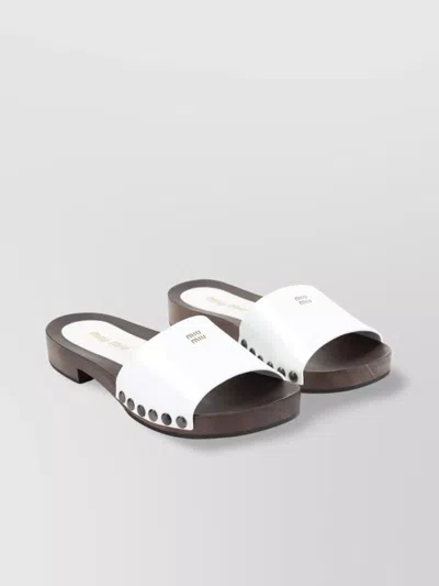 Miu Miu Wood Sole Flat Sandals With Studded Side In White