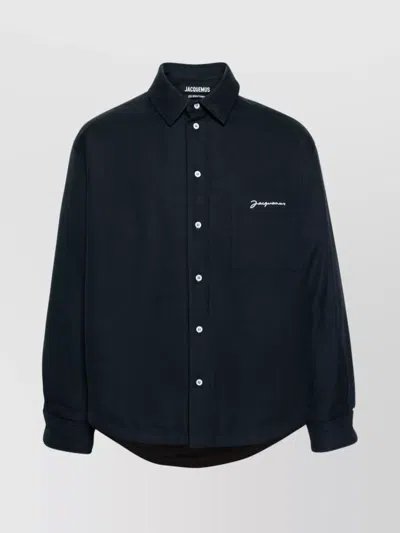 Jacquemus Virgin Wool Long-sleeve Shirt With Embroidered Logo In Black