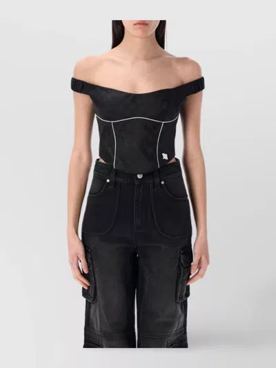 Misbhv Fitted Off-the-shoulder Textured Corset Top In Black