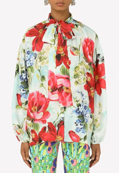 Dolce & Gabbana Habotai Shirt With Pictorial Garden Print In Multicolor