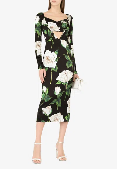 Dolce & Gabbana Floral Print Midi Dress In Satin In Multicolor
