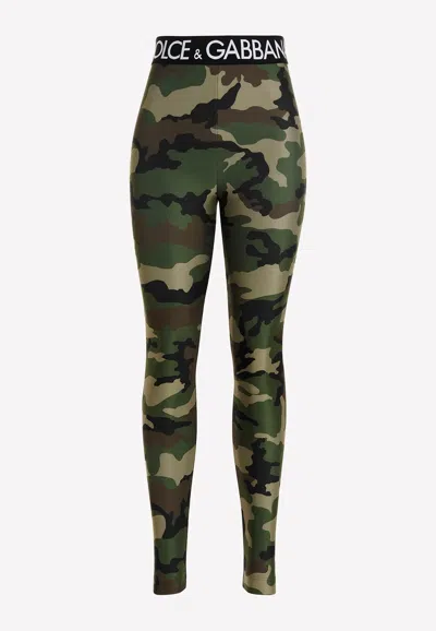 Dolce & Gabbana Logo-waistband Camouflage-print Leggings In Military Green