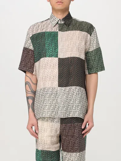 Fendi Men Linen Shirt With All-over Ff Print In Multi