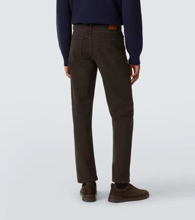 Zegna Leather-trimmed Cotton Straight Pants In Brown