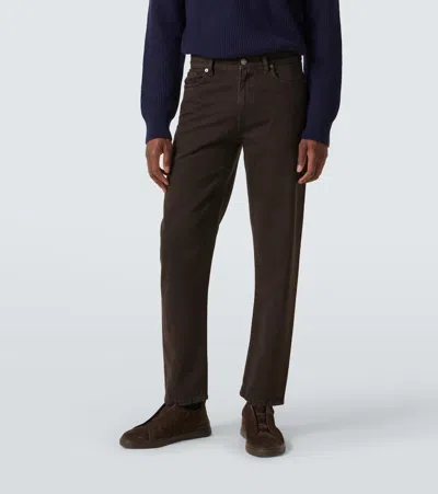 Zegna Leather-trimmed Cotton Straight Pants In Brown