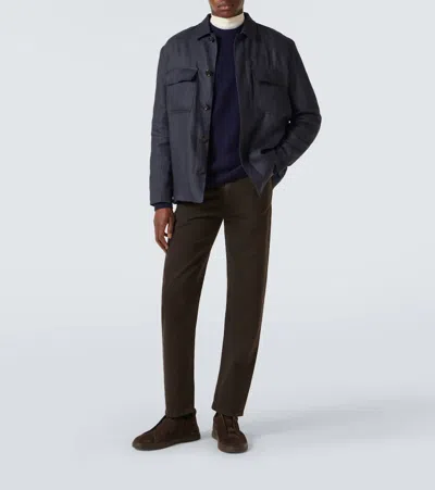 Zegna Leather-trimmed Cotton Straight Pants In Brown