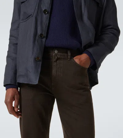 Zegna Leather-trimmed Cotton Straight Pants In Brown