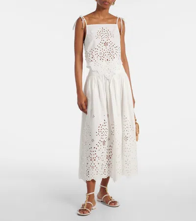 Self-portrait White Top With Asymmetric Hem And All-over Embroidery In Cotton Woman In White