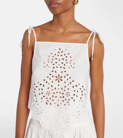 Self-portrait White Top With Asymmetric Hem And All-over Embroidery In Cotton Woman In White