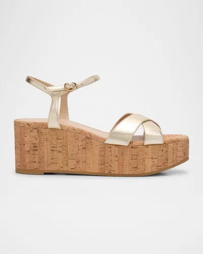 Stuart Weitzman Dayna Ankle Strap Platform Wedge Sandal In Light Gold