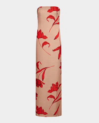 Halston Manuela Strapless Floral-print Column Gown In Camel Statement Flow