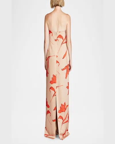Halston Manuela Strapless Floral-print Column Gown In Camel Statement Flow